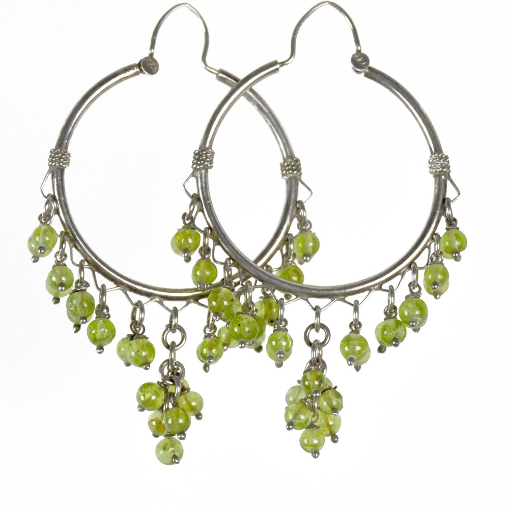 Balinese Natural Peridot Bead Silver Hoop Earrings